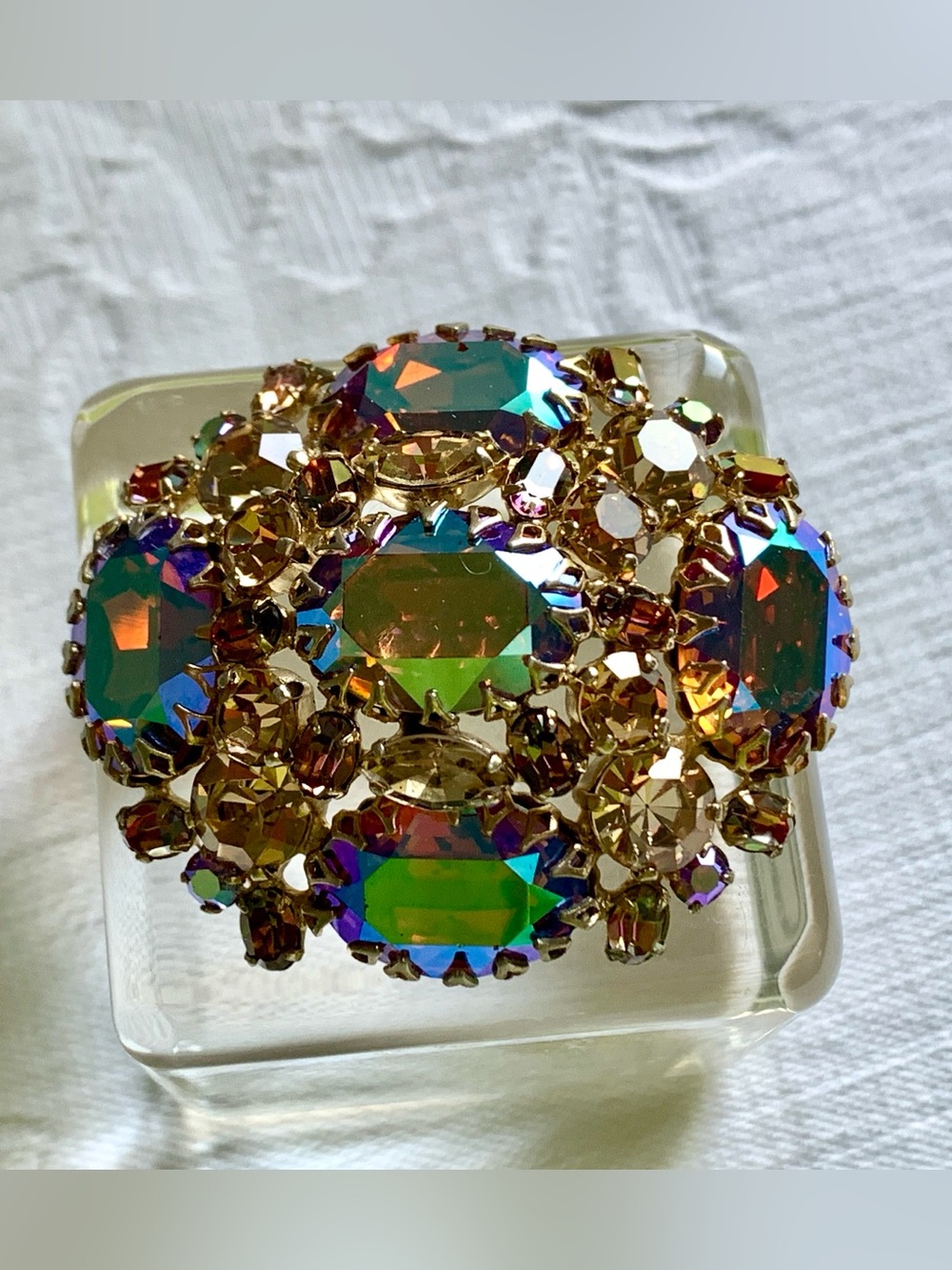 Vintage Aurora Crystal Oval Cluster Brooch - Gold and Iridescent